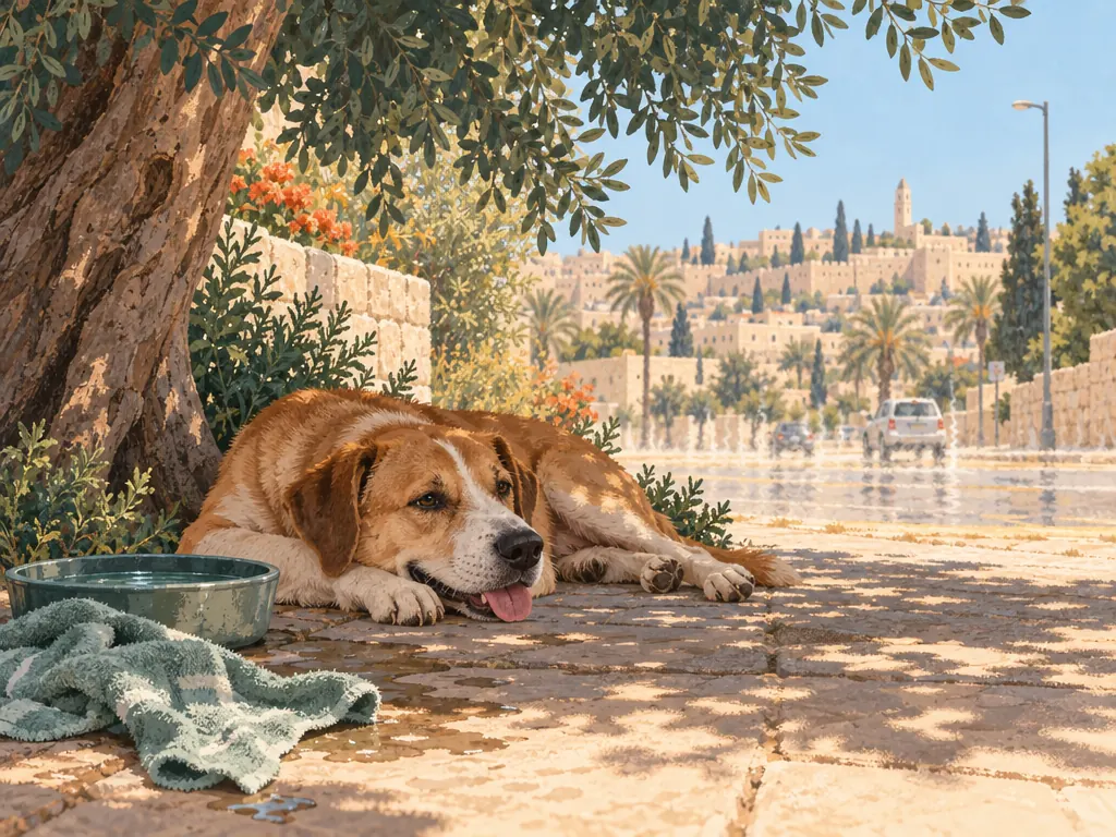 כלב שוכב בצל עץ ביום קיץ חם ליד קערת מים ומגבת רטובה