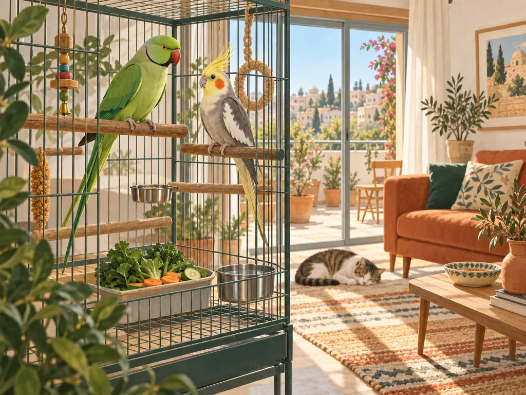 דררה ירוקה וקוקטייל בכלוב מרווח עם ירקות טריים